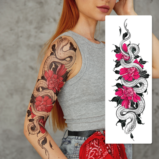 Temporary tattoo "Tattoo sleeve snake in peonies"